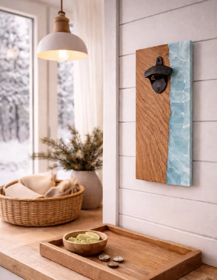 décapsuleur mural bois résine bleu volutes